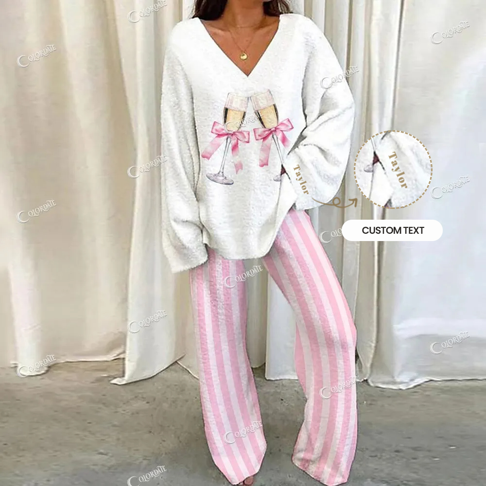 Custom Champagne Stripes  Print  Loungewear Set For Women