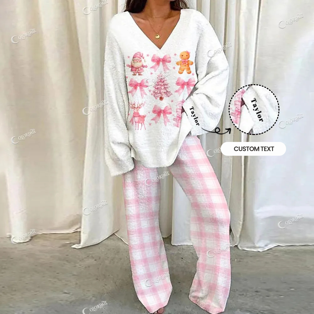 Custom Gingerbread Sweetheart Women's Romantic Bow Heart Blue  Print Long Sleeve Pajama Set