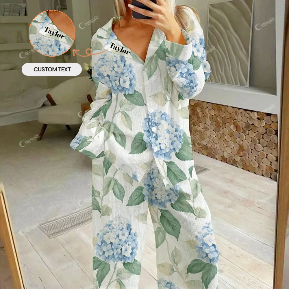Custom Textured Blue Flowers  Women's Cotton Cardigan Homewear Set