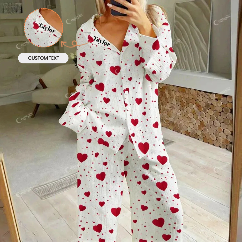 Custom Red Romantic Love Women's Cotton Cardigan Homewear Set