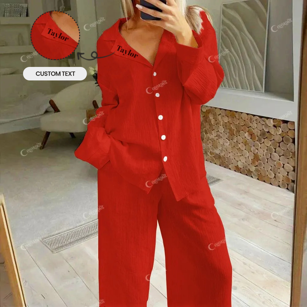 Custom Christmas Red Women's Cotton Cardigan Homewear Set