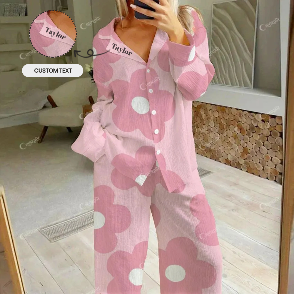 Custom Big Pink Flowers Women's Cotton Cardigan Homewear Set