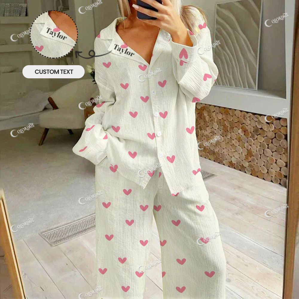 Custom Romantic Beige Heart  Women's Cotton Cardigan Homewear Set