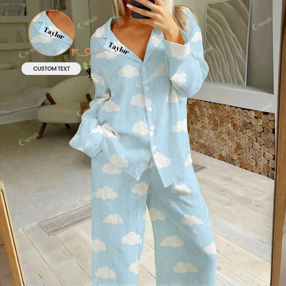 Custom Sky And White Clouds Women's Cotton Cardigan Homewear Set