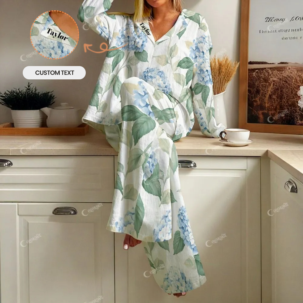 Custom Textured Blue Flowers  Women's Cotton Cardigan Homewear Set