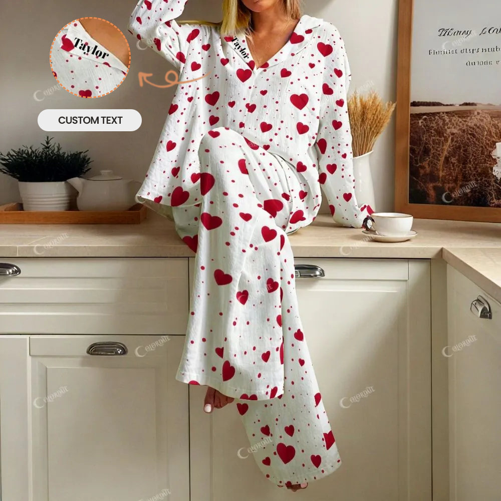 Custom Red Romantic Love Women's Cotton Cardigan Homewear Set