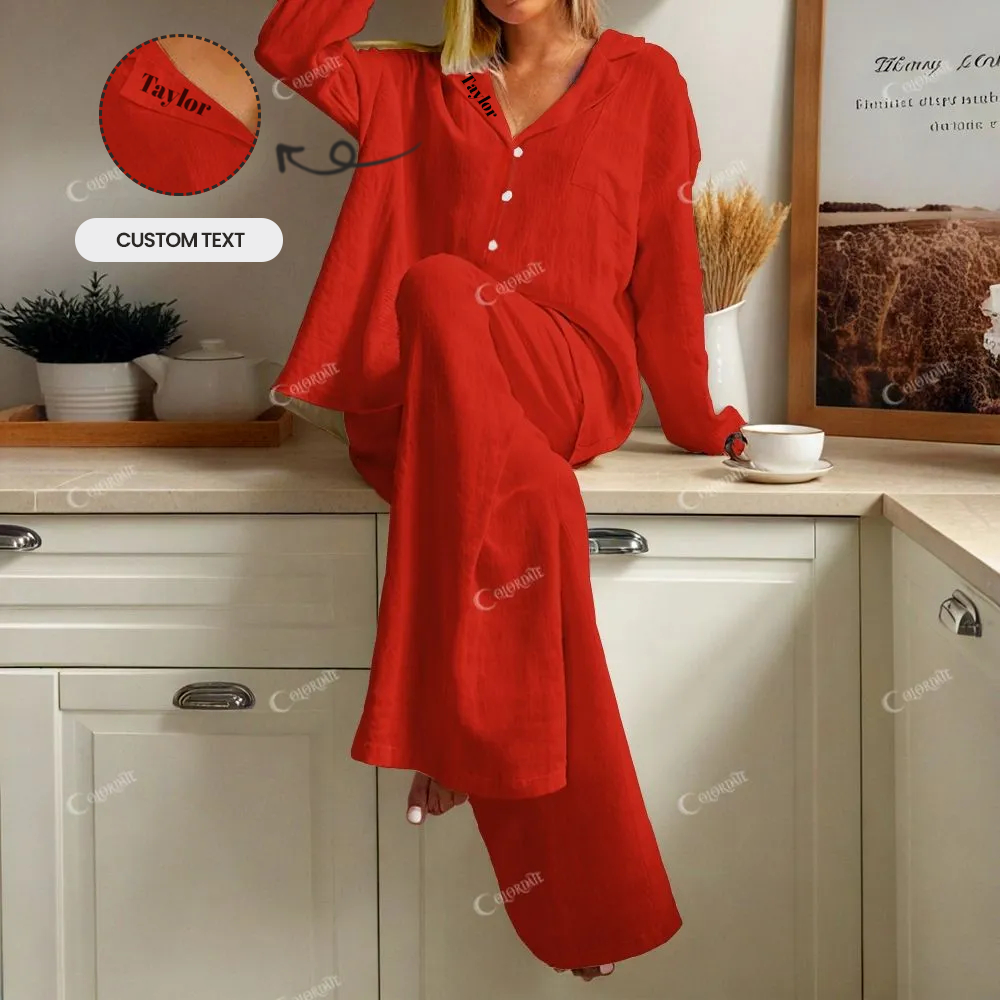 Custom Christmas Red Women's Cotton Cardigan Homewear Set