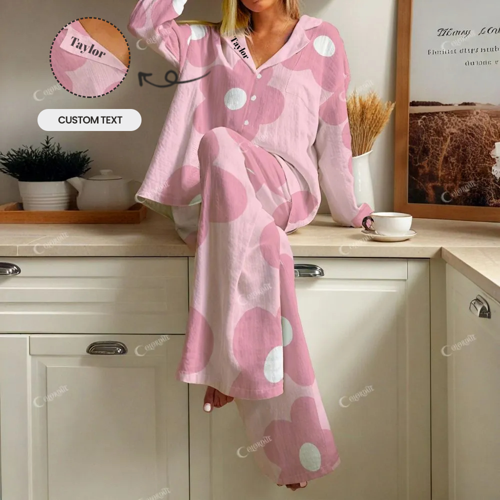 Custom Big Pink Flowers Women's Cotton Cardigan Homewear Set