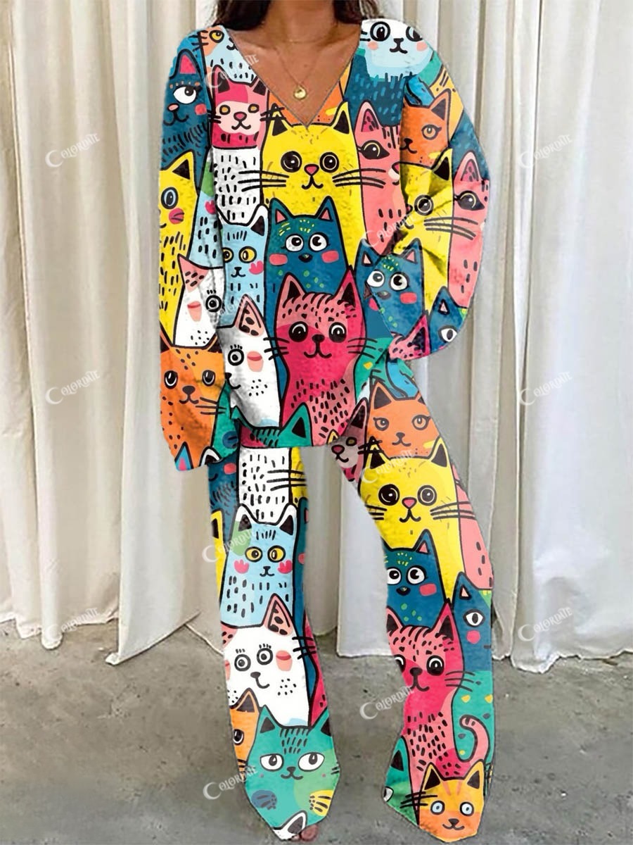 Women's Cat Print Casual Homewear Set