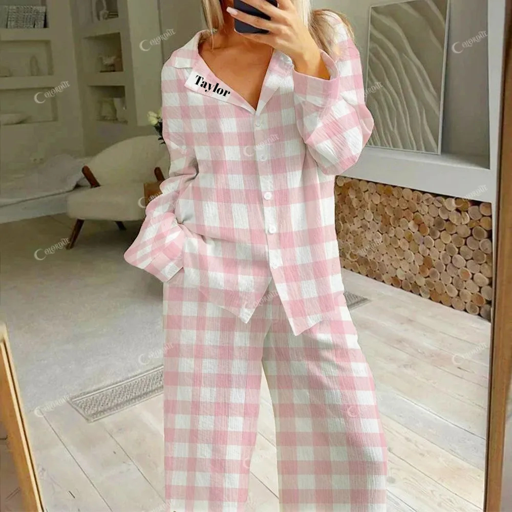 Custom Baby Pink Plaid  Women's Cotton Cardigan Homewear Set