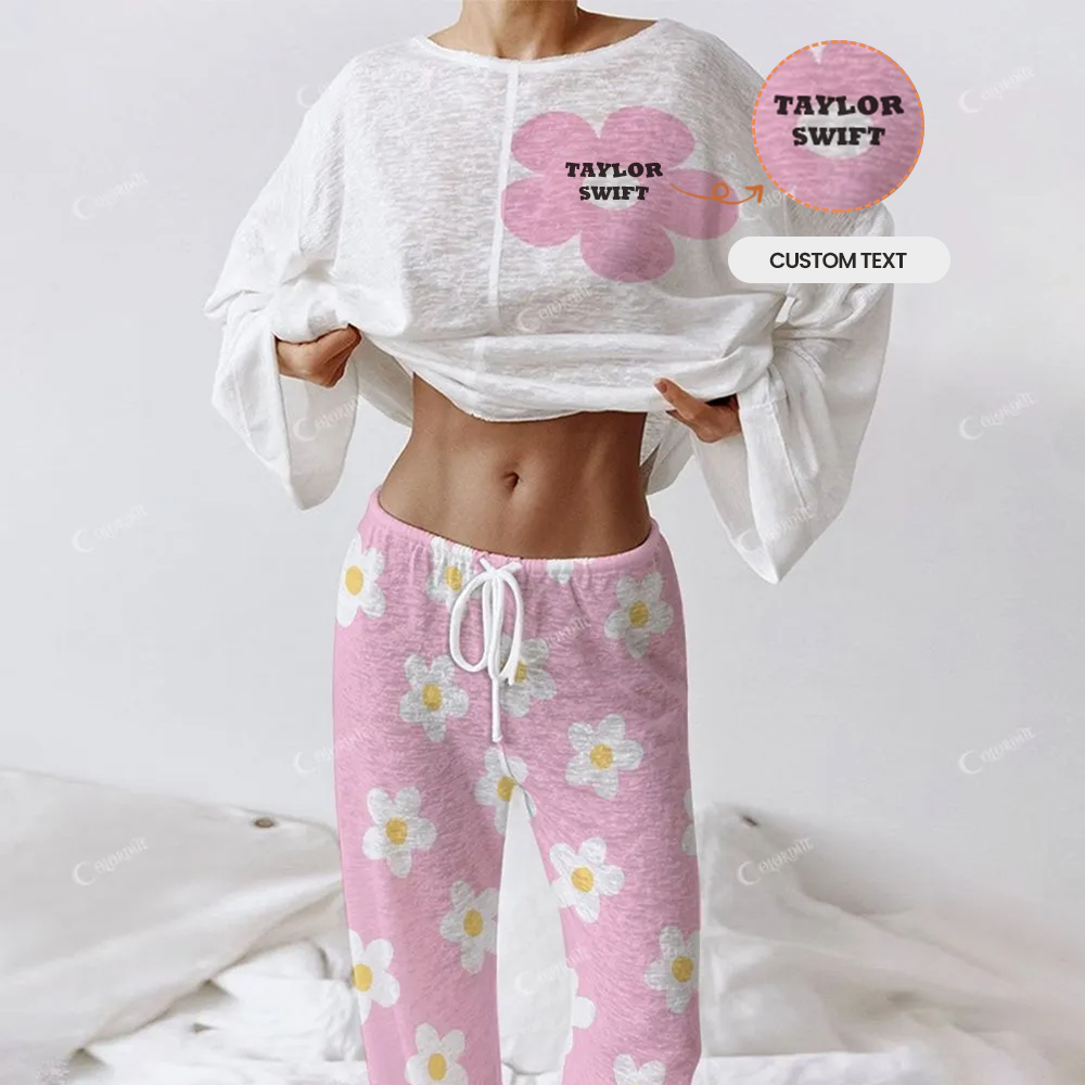 Custom Women's  Pink Flowers  Long Sleeve Cotton Homewear Set