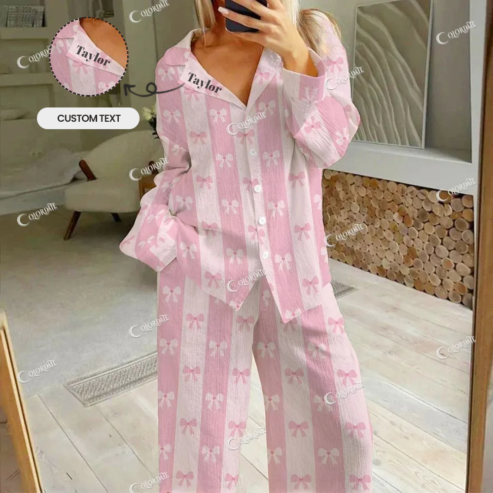 Custom Bow Stripes Pink Women's Cotton Cardigan Homewear Set