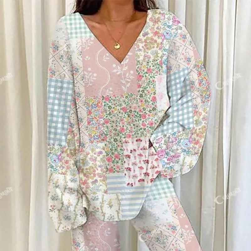 Floral Patchwork Loungewear Set For Women