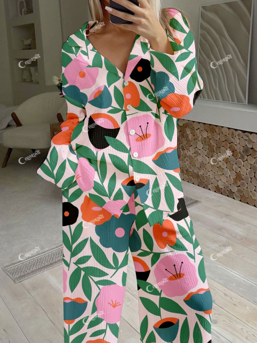 Women's Simple Floral Leaf Print Cotton Cardigan Set
