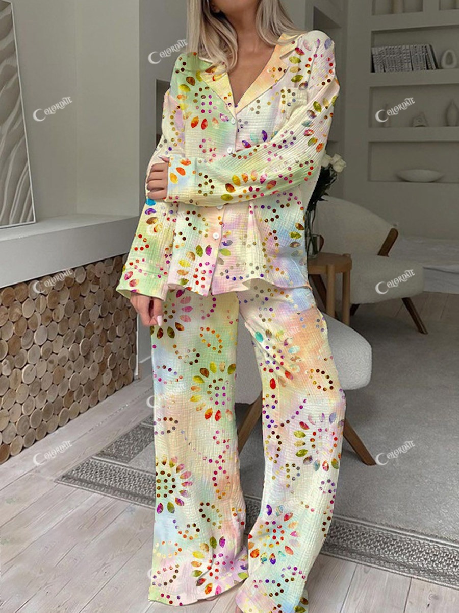 Women's Bohemian Art Painting Printed Home Long Sleeve Suit