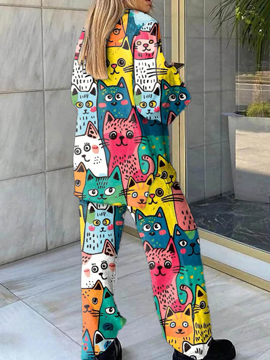 Women's Cat Print Casual Homewear Set