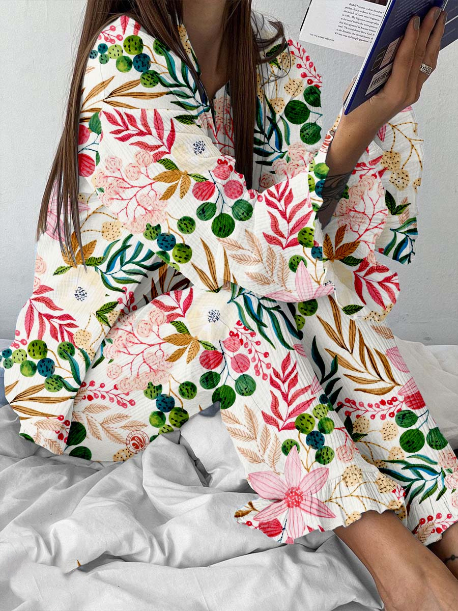 Women's Colorful Plant Leaf Print Ruffle Cardigan Set