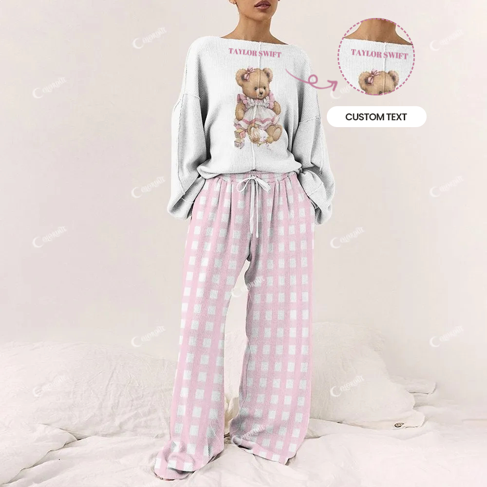 Custom Women's Pink Bear Plaid Print Long Sleeve Pajama Set