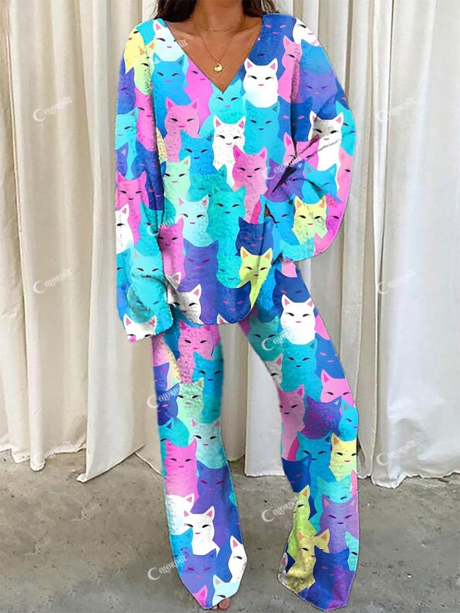 Women's Cat Print Casual Homewear Set