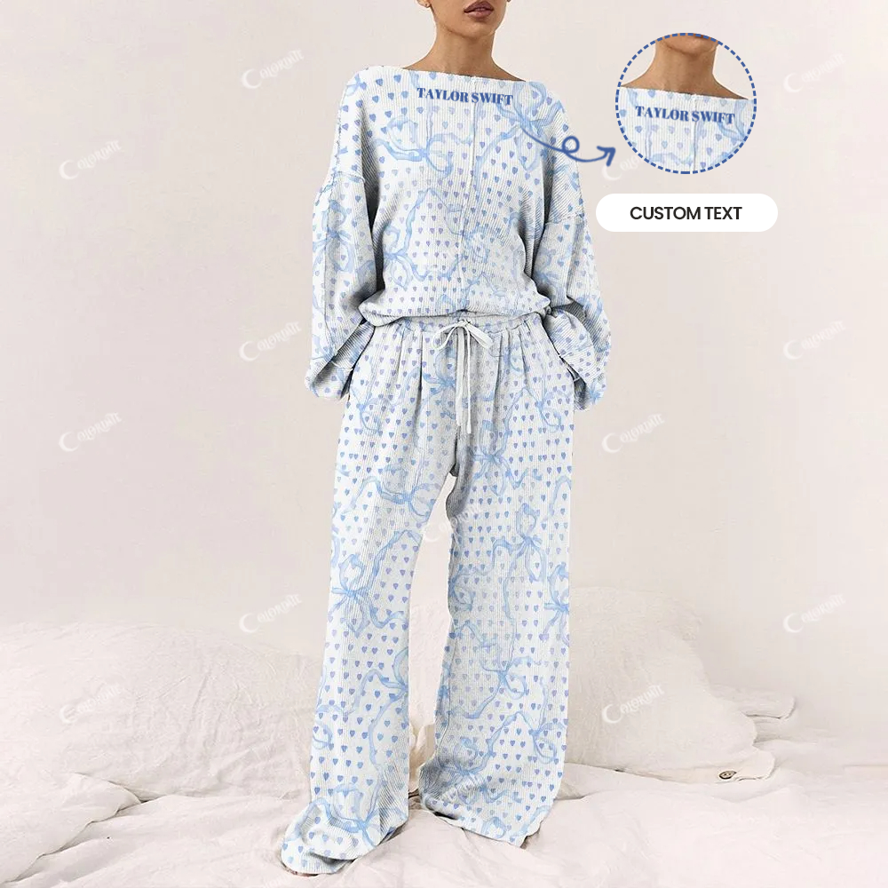 Custom Women's Romantic Bow Heart Blue  Print Long Sleeve Pajama Set