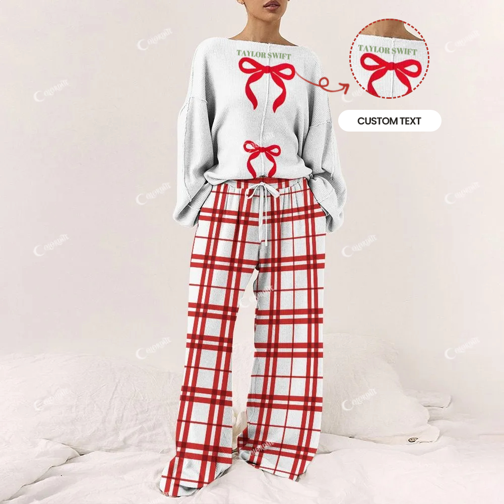 Custom Women's Red Bow Plaid   Print Long Sleeve Pajama Set