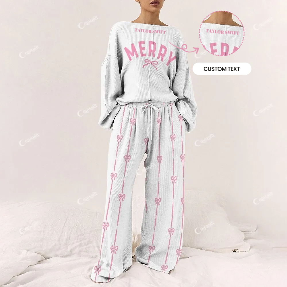 Custom Women's Christmas Simple Bow Print Long Sleeve Pajama Set