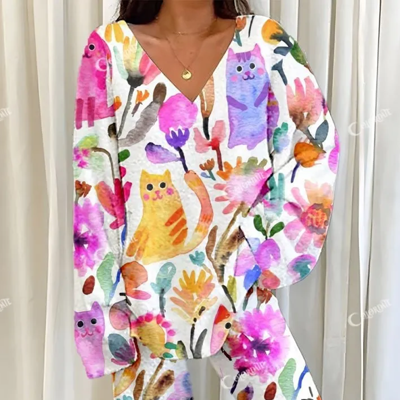 Women's Bright Watercolor Cat Floral Print Fleece Set