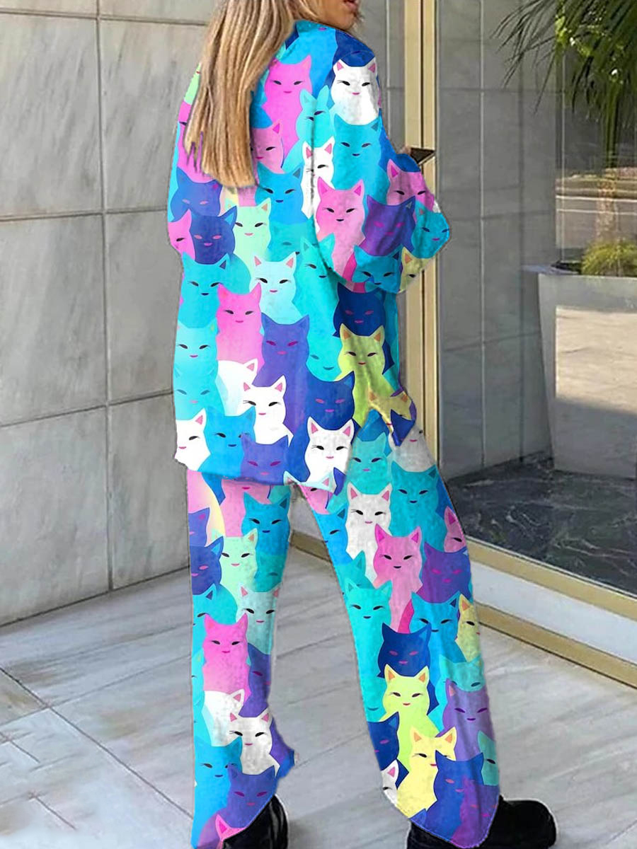 Women's Cat Print Casual Homewear Set