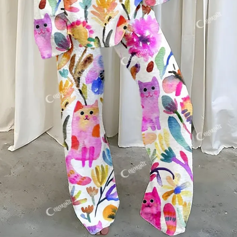 Women's Bright Watercolor Cat Floral Print Fleece Set