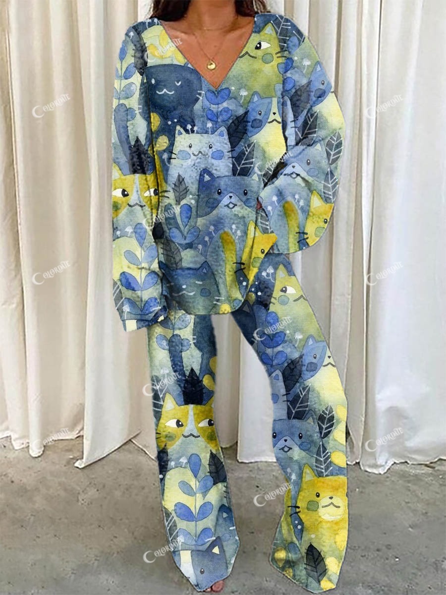 Women's Cat Print Casual Homewear Set