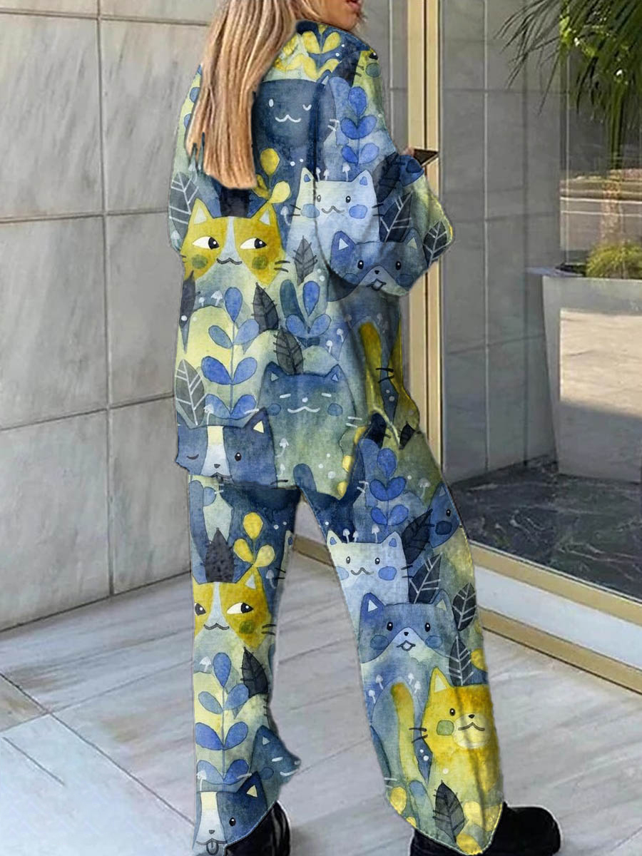 Women's Cat Print Casual Homewear Set