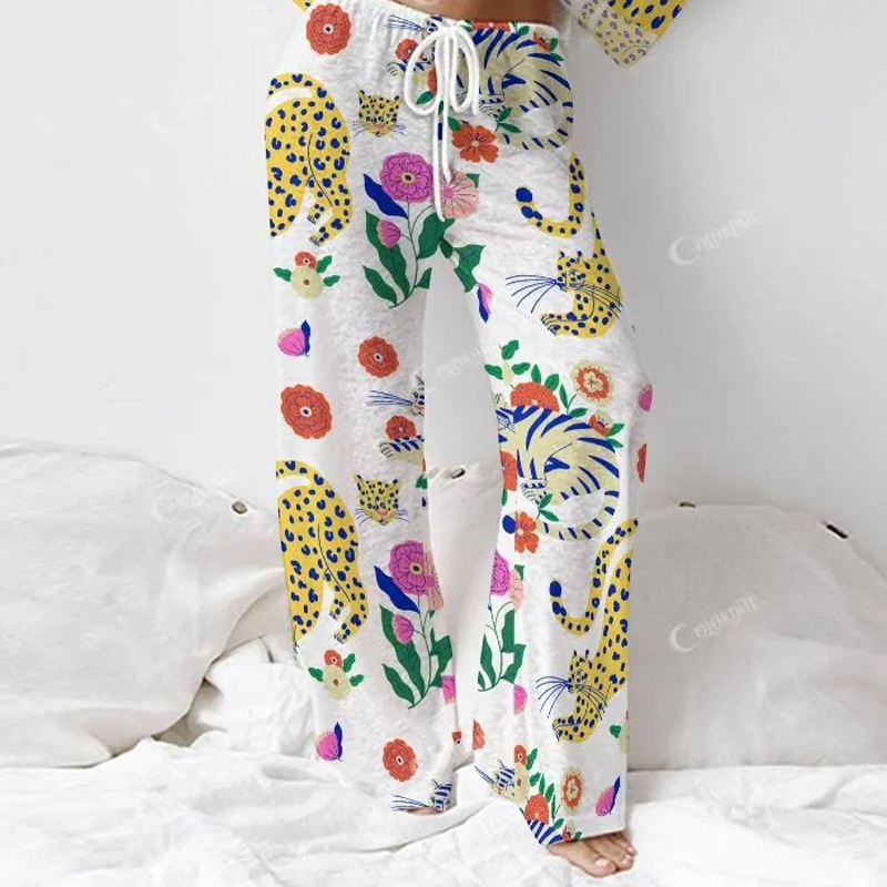 Colordate Women's Tigers And Leopards And Plant Print Long Sleeve Cotton Homewear Set
