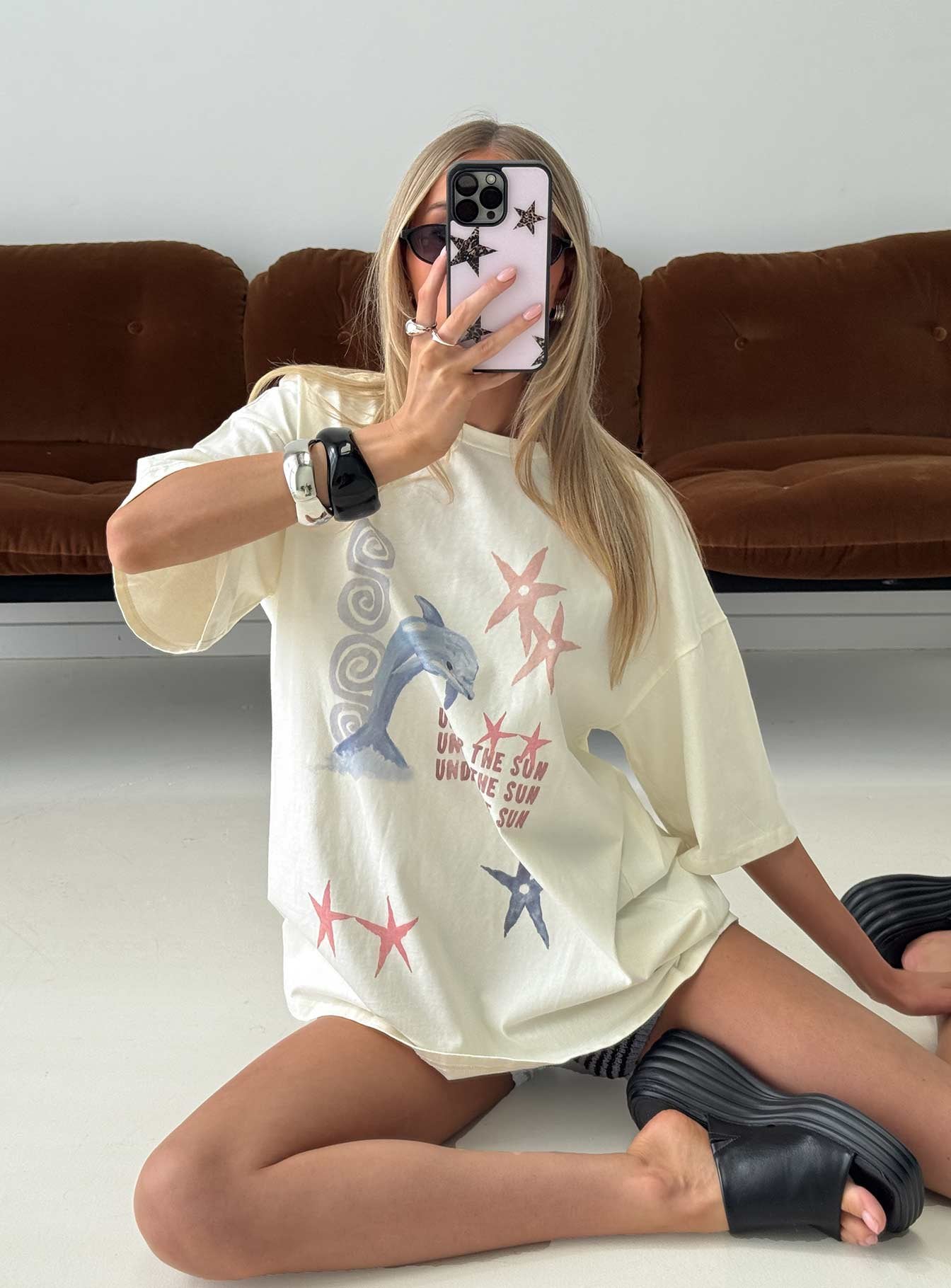 Under The Sun Oversized Graphic Tee Washed Cream