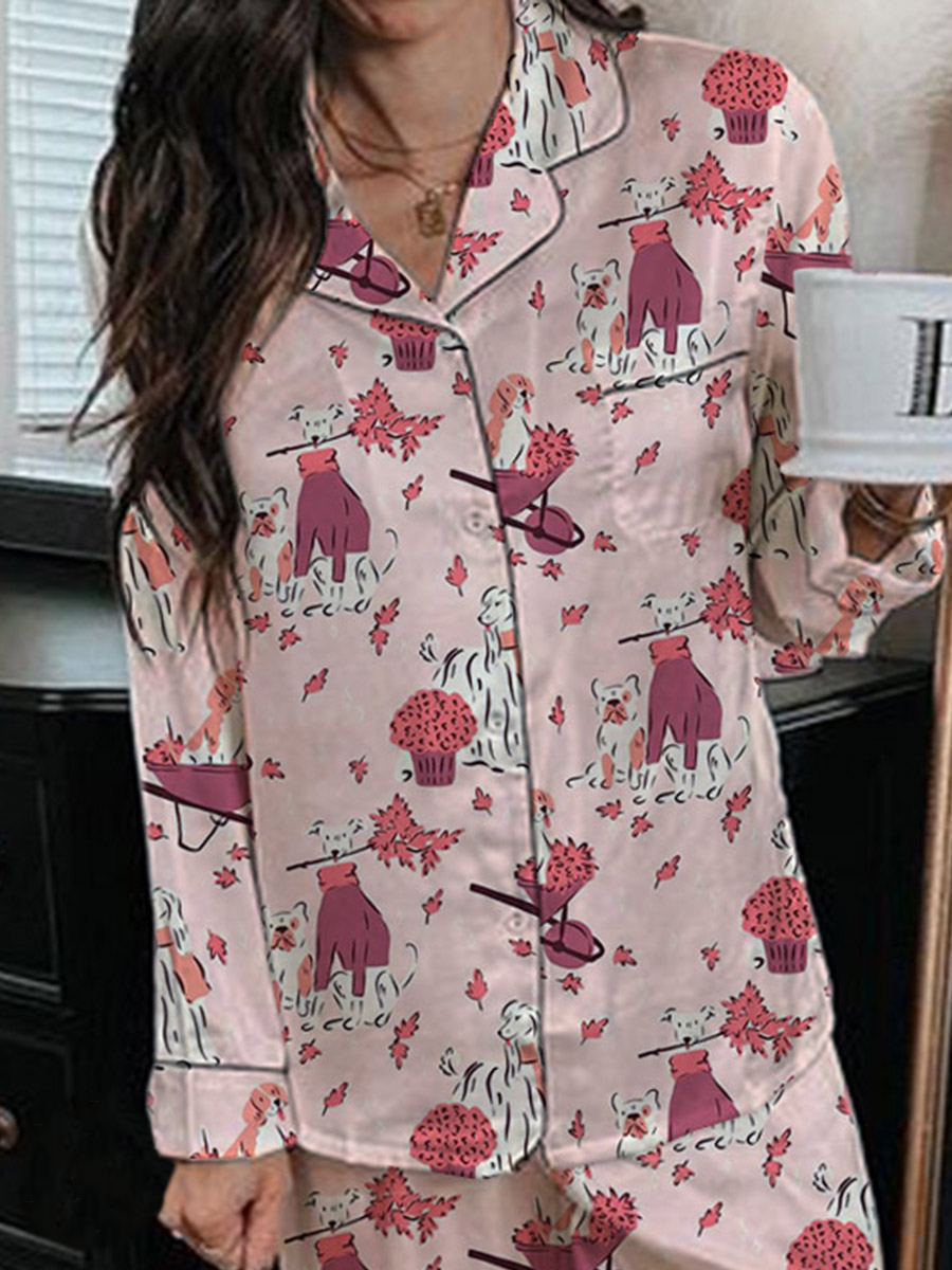 Women's Satin Pink Art Painting Fun Animal Print Home Long Sleeve Suit