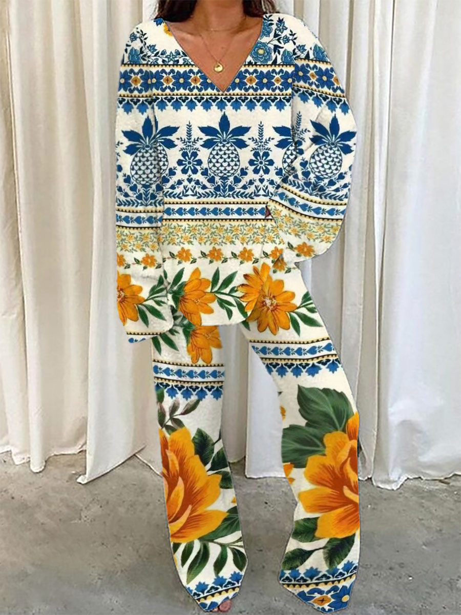 Women's Bohemian Floral Pattern V-Neck Long Sleeve Pants Suit