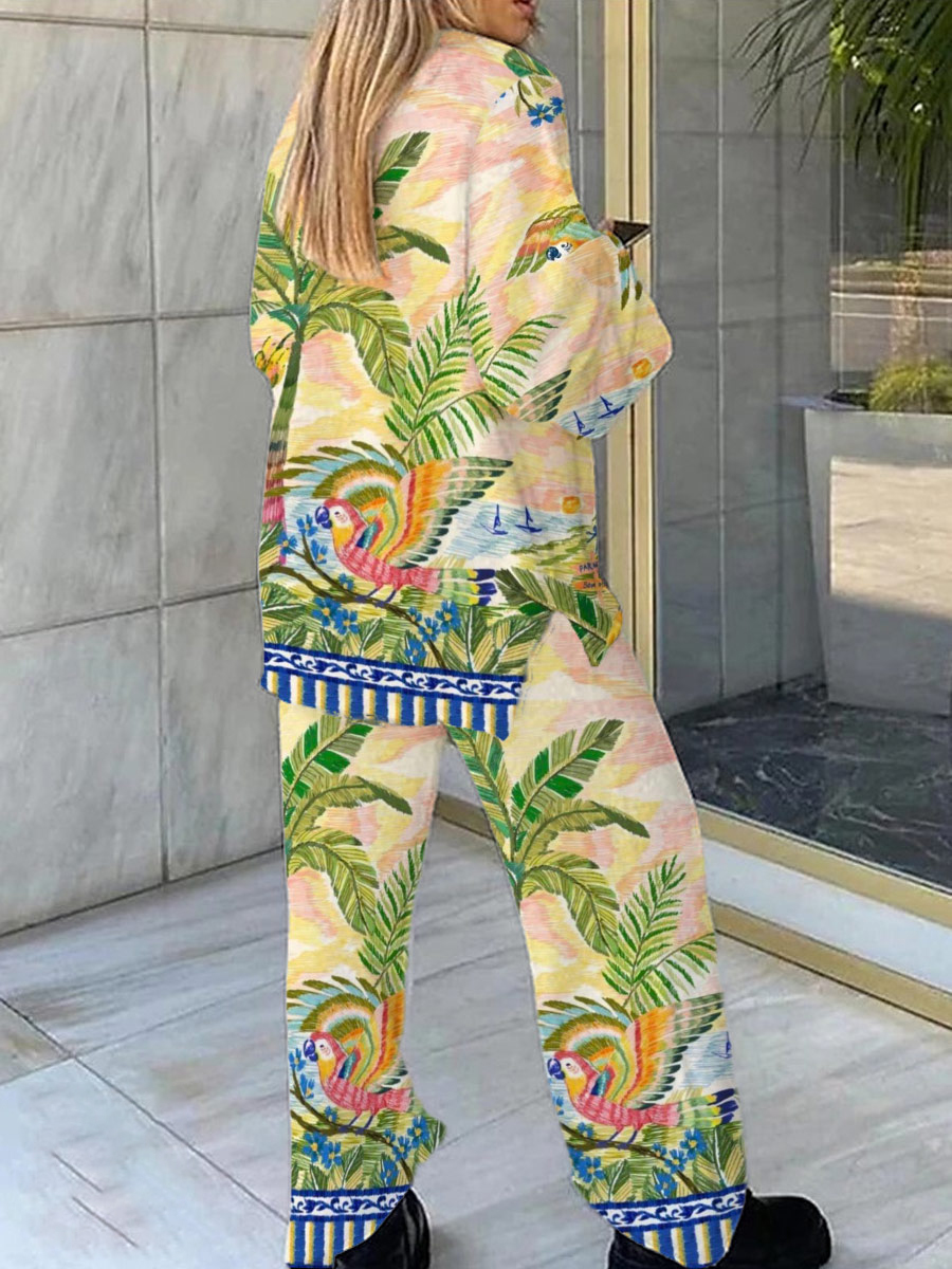 Women's Ethnic Tropical Vacation Pattern V-Neck Long Sleeve Pants Set