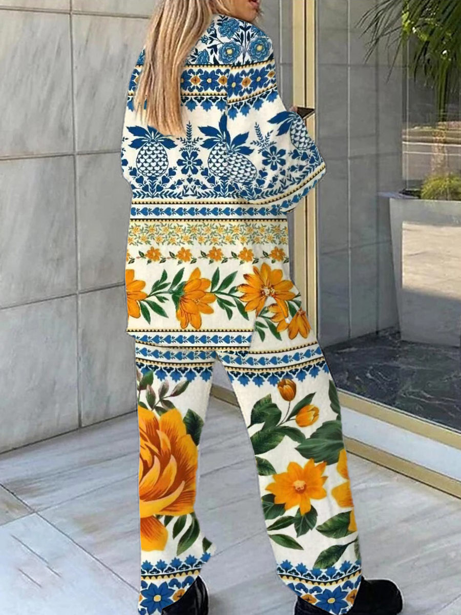 Women's Bohemian Floral Pattern V-Neck Long Sleeve Pants Suit