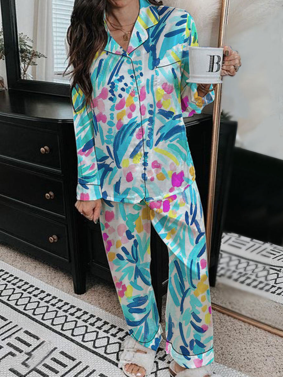 Women's Hand-Painted Colorful Pattern Long Sleeve Pants Set