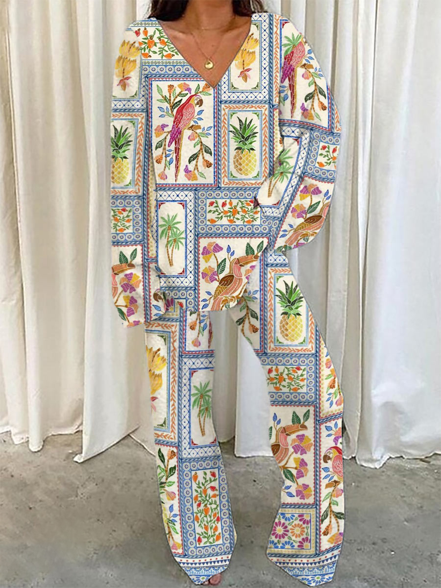 Women's Fun Bird Friends Pattern V-Neck Long Sleeve Pants Set