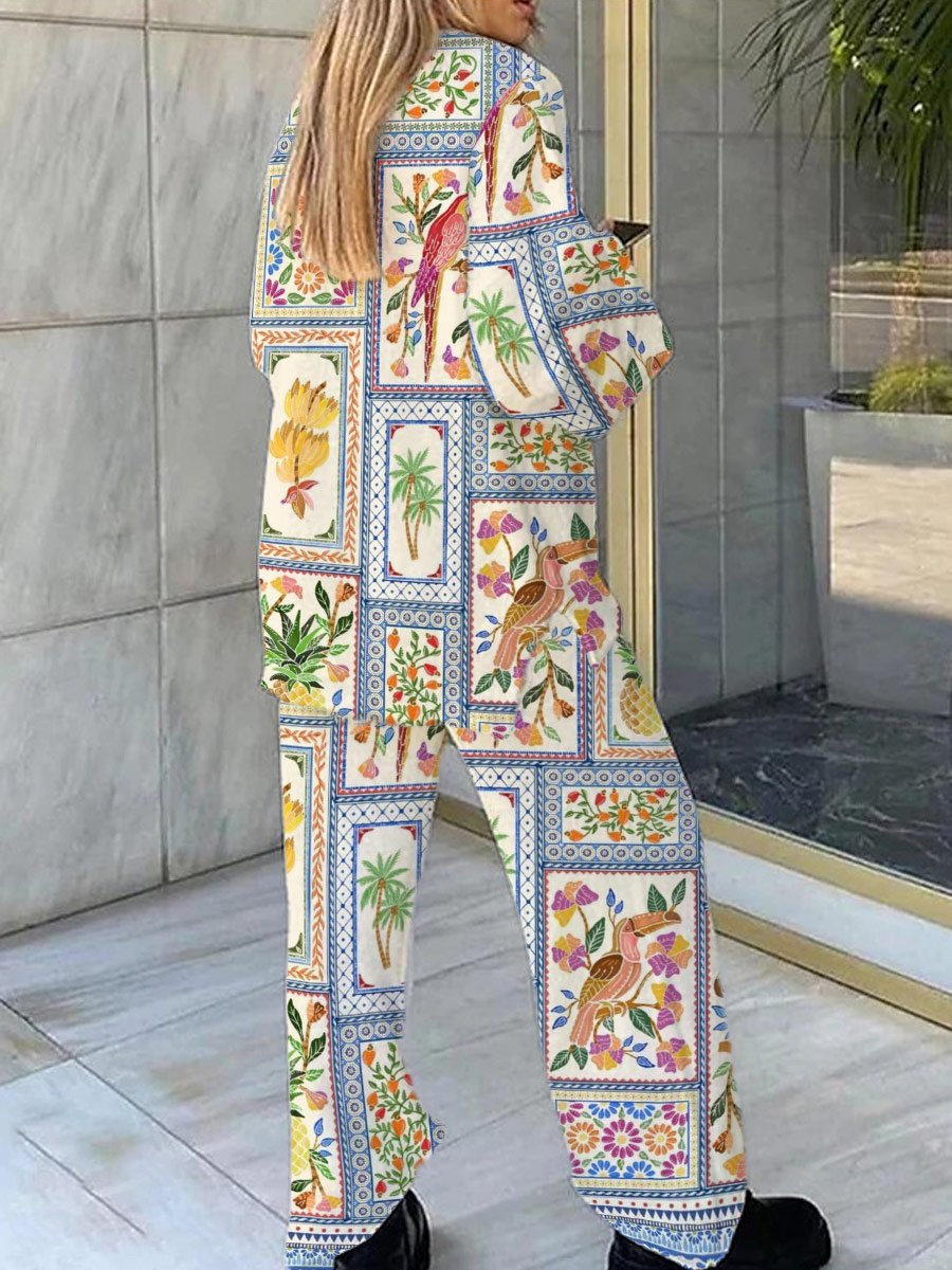 Women's Fun Bird Friends Pattern V-Neck Long Sleeve Pants Set