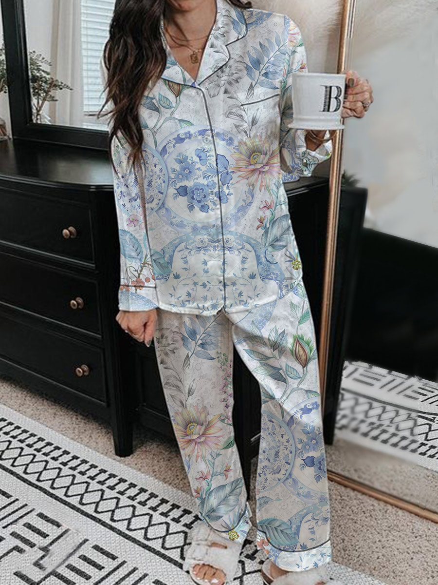 Women's Oriental Plant Pattern Long Sleeve Pants Set