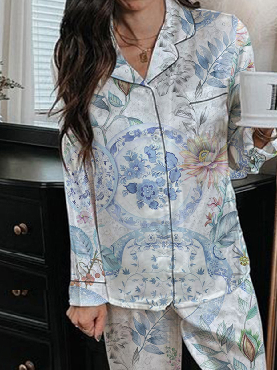 Women's Oriental Plant Pattern Long Sleeve Pants Set