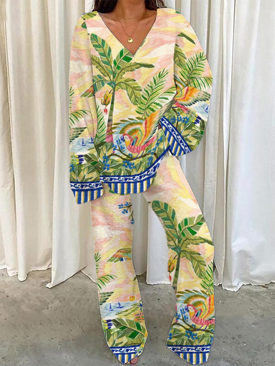 Women's Ethnic Tropical Vacation Pattern V-Neck Long Sleeve Pants Set