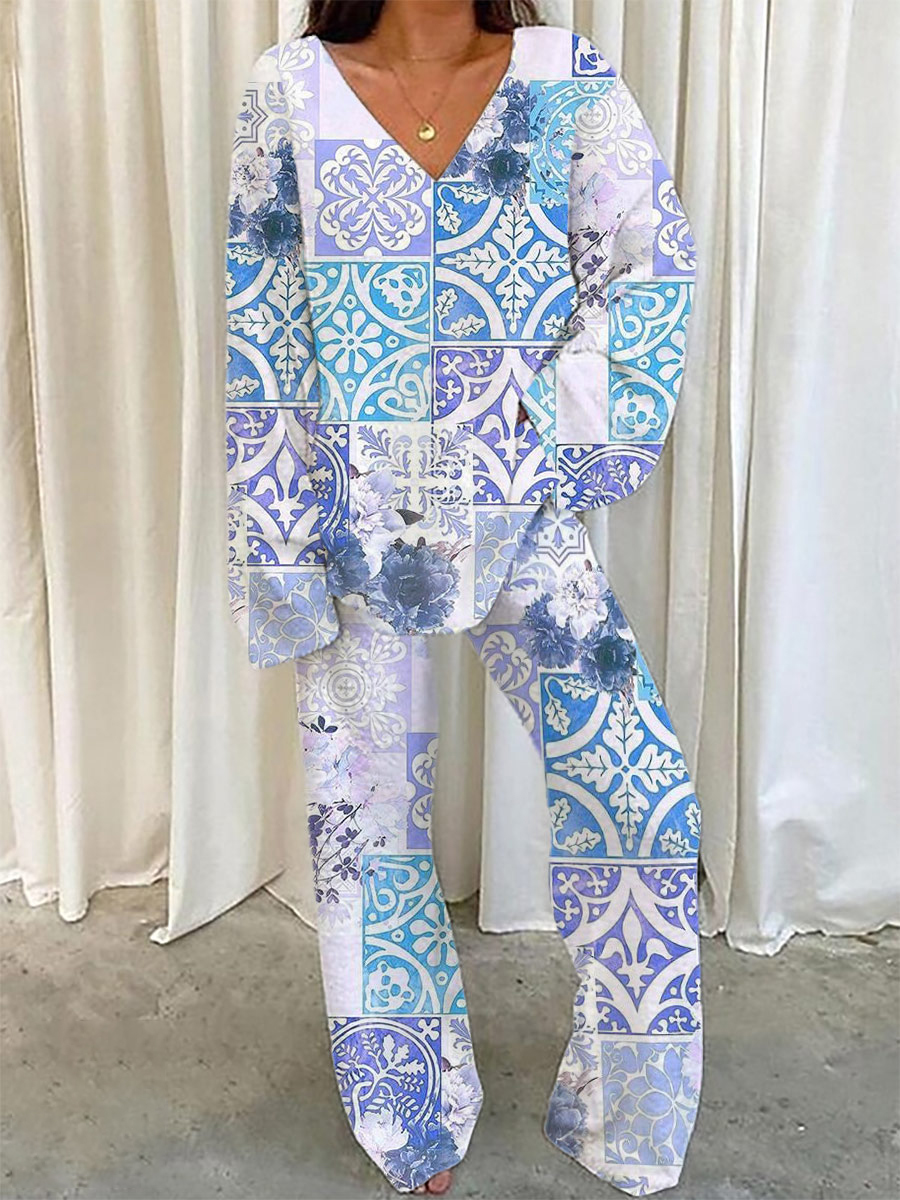 Women's Bohemian Pattern V-Neck Long Sleeve Pants Set