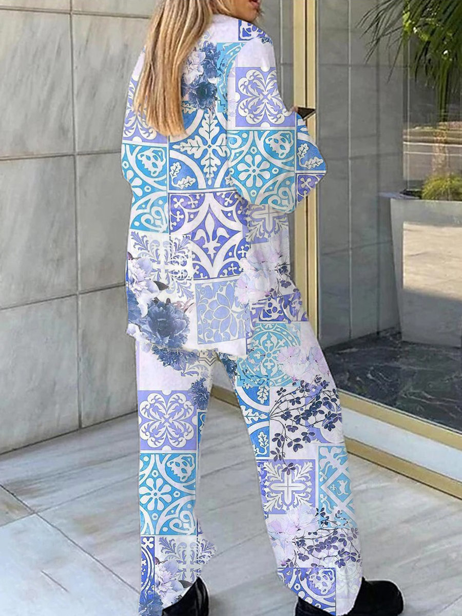 Women's Bohemian Pattern V-Neck Long Sleeve Pants Set