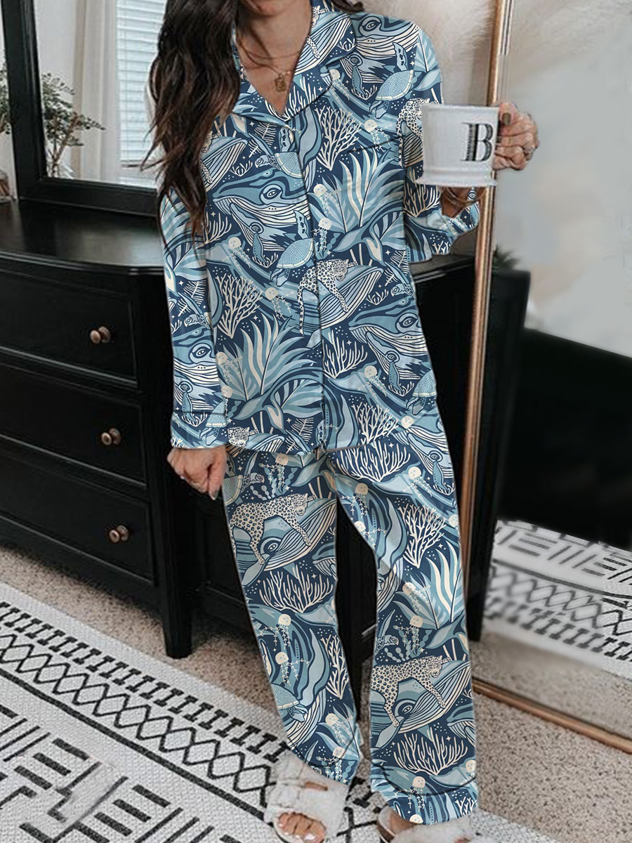 Women's Satin Art Floral Funny Animal Print Home Long Sleeve Suit