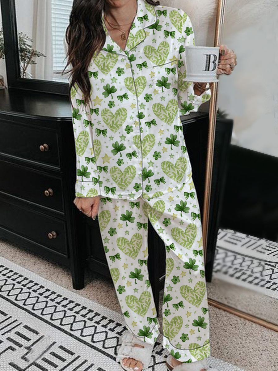 Women's Satin Art Painting St. Patrick Fun Print Home Long Sleeve Suit