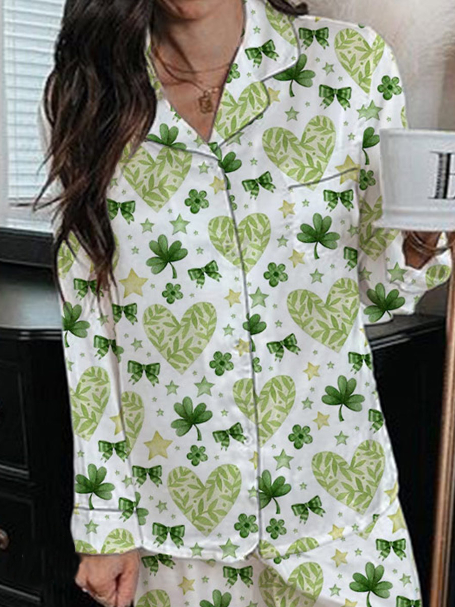 Women's Satin Art Painting St. Patrick Fun Print Home Long Sleeve Suit