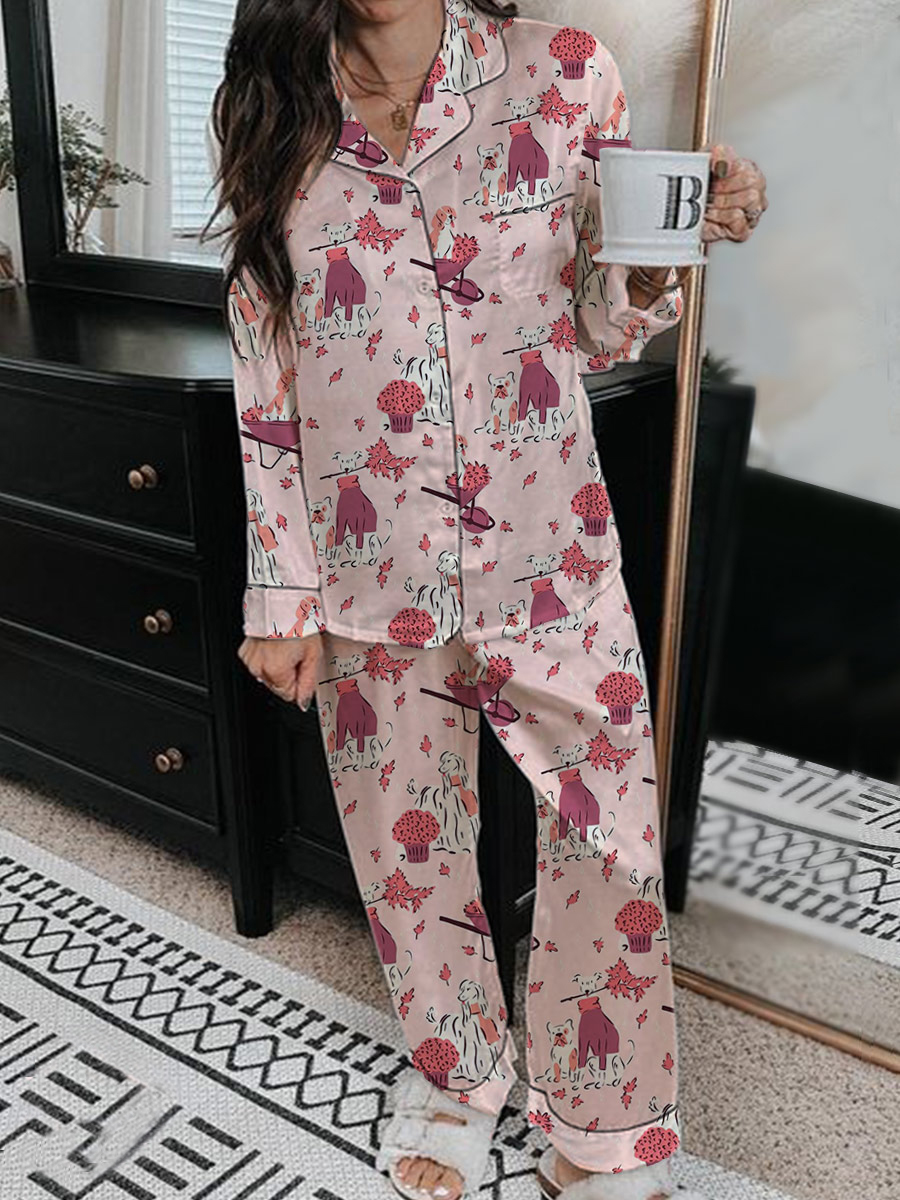 Women's Satin Pink Art Painting Fun Animal Print Home Long Sleeve Suit