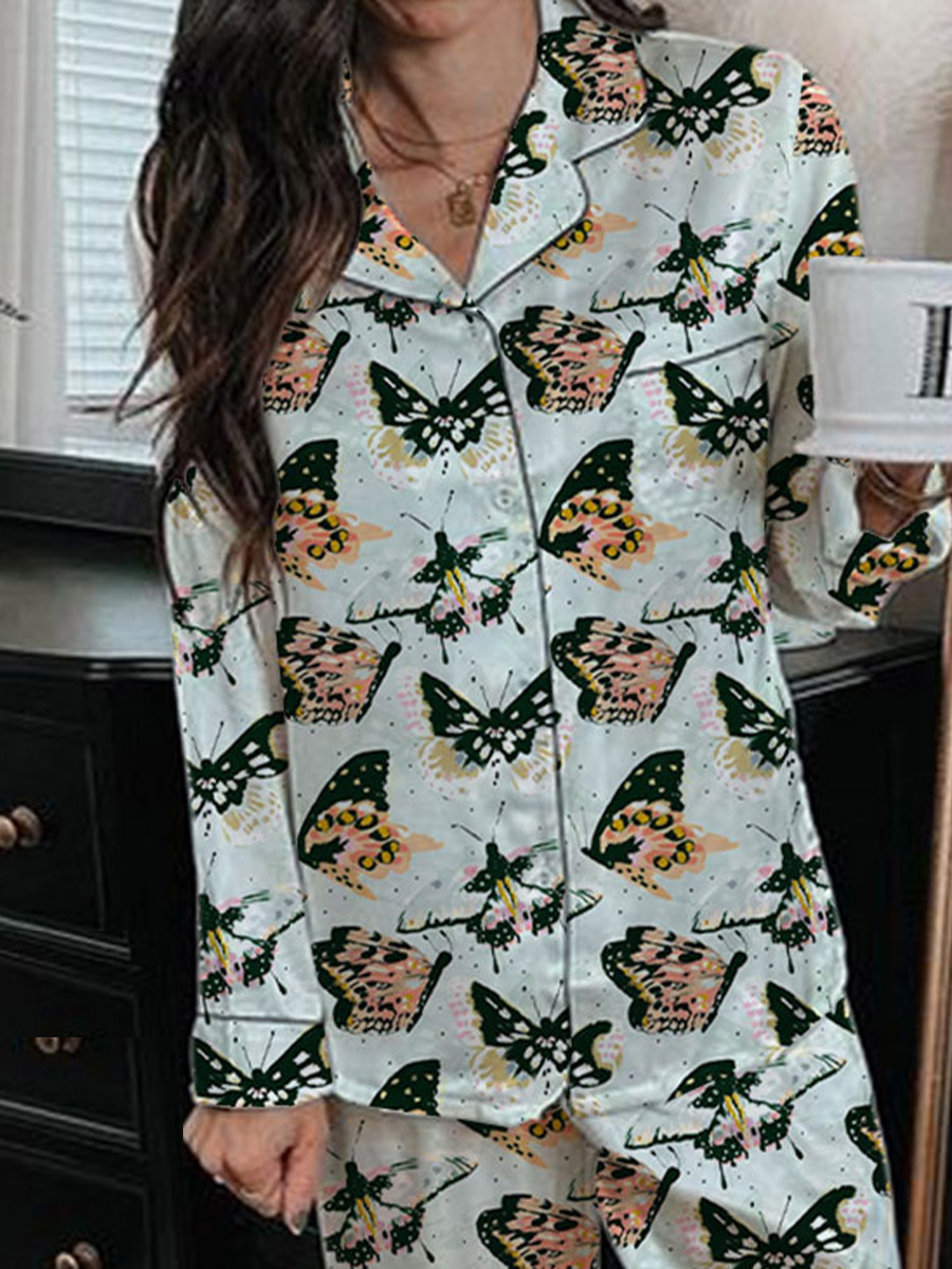 Women's Satin Art Painting Funny Animal Print Home Long Sleeve Suit